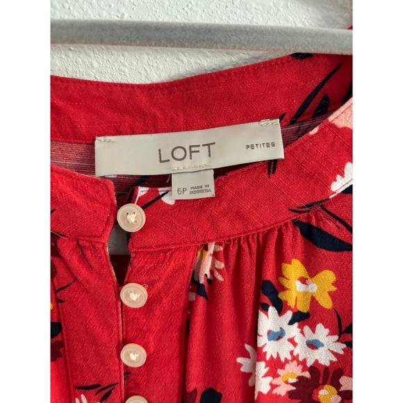 Loft‎ Midi Dress Womens 6P Red Floral Short Sleeve Bleted Career Preppy Modest - Picture 3 of 4